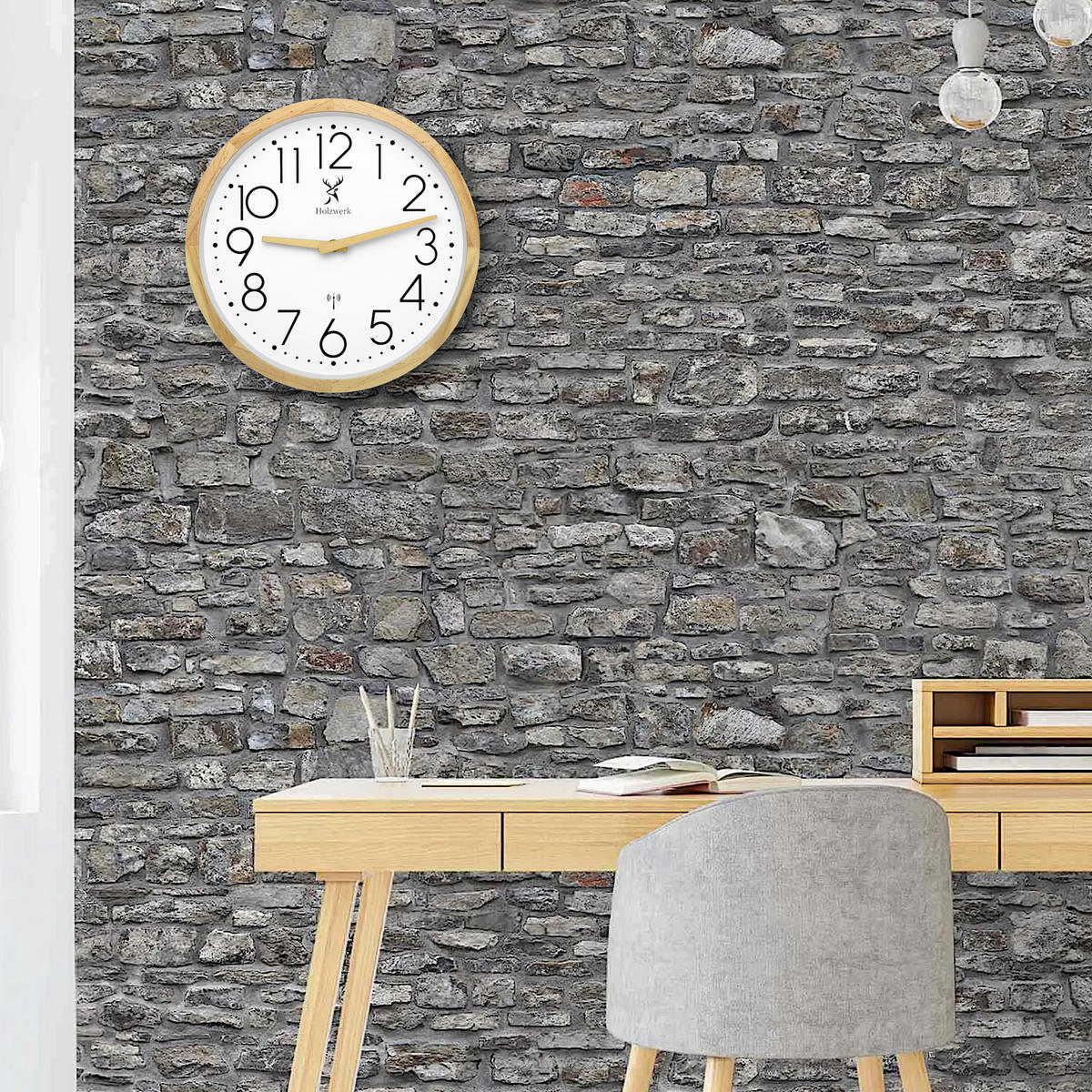 WANDUHR Holz Designer NIENBURG (FUNK) Loft Wand Uhr, beige, weiß - Beige/Schwarz, Glas/Holz (30/30/4.2cm) - Holzwerk