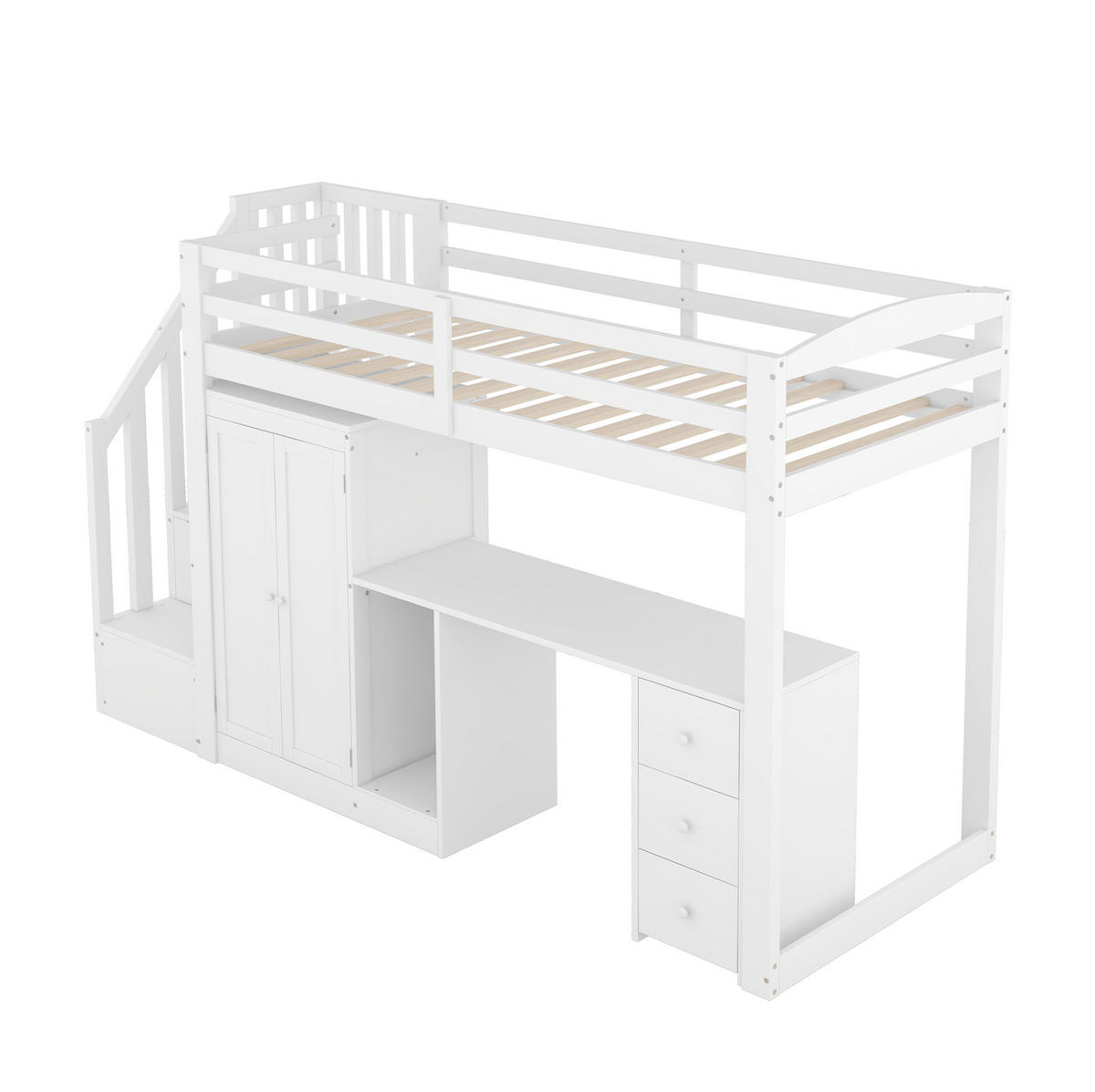 VYSOKÁ posteľ 90/200 cm biela z borovice a MDF so stolom, šatníkom, zásuvkami a úložnými schodmi - biela, kompozitné drevo (90/200cm) - OKWISH