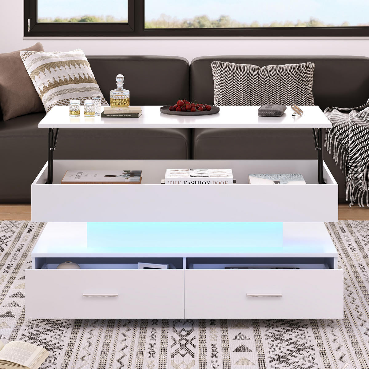 COUCHTISCH in Weiß Wohnzimmertisch mit Liftfunktion, Stauraum und LED, 100B/50T/44Hcm - Weiß, Holzwerkstoff (50/100/44cm) - STILVORA