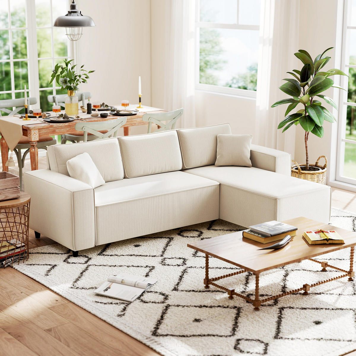ECKSOFA 3-Sitzer Sofa in L-Form Eckcouch mit Umkehrbarer Chaiselongue Cremeweiß - Weiß, Kunststoff (153/241cm) - HOMCOM