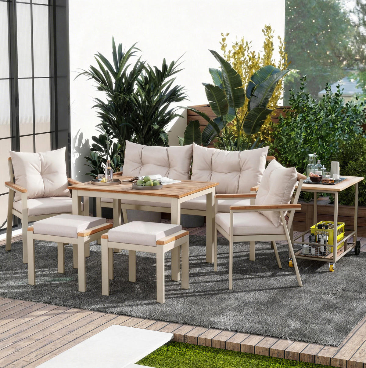 GARTEN-ESSGRUPPE 7-tlg. 6-7-Sitzer mit Servierwagen Akazienholz Beige - Beige, Holz - Beauniv