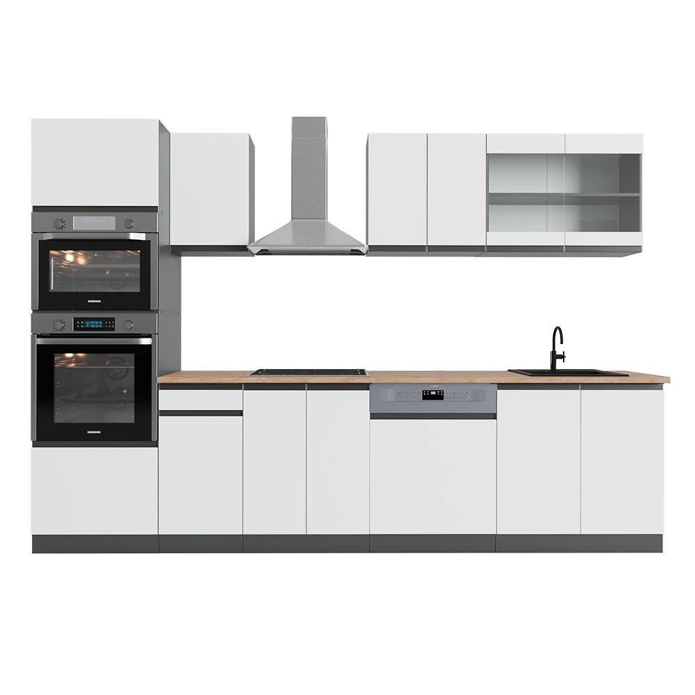KÜCHENZEILE R-Line Weiß/Anthrazit 300 cm mit Hochschrank, AP Eiche - Anthrazit/Weiß, Holzwerkstoff (300/81.6/60cm) - Vicco