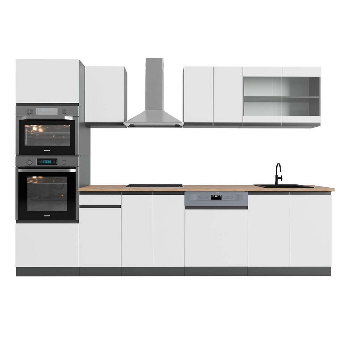 KÜCHENZEILE R-Line Weiß/Anthrazit 300 cm mit Hochschrank, AP Eiche - Anthrazit/Weiß, Holzwerkstoff (300/81.6/60cm) - Vicco