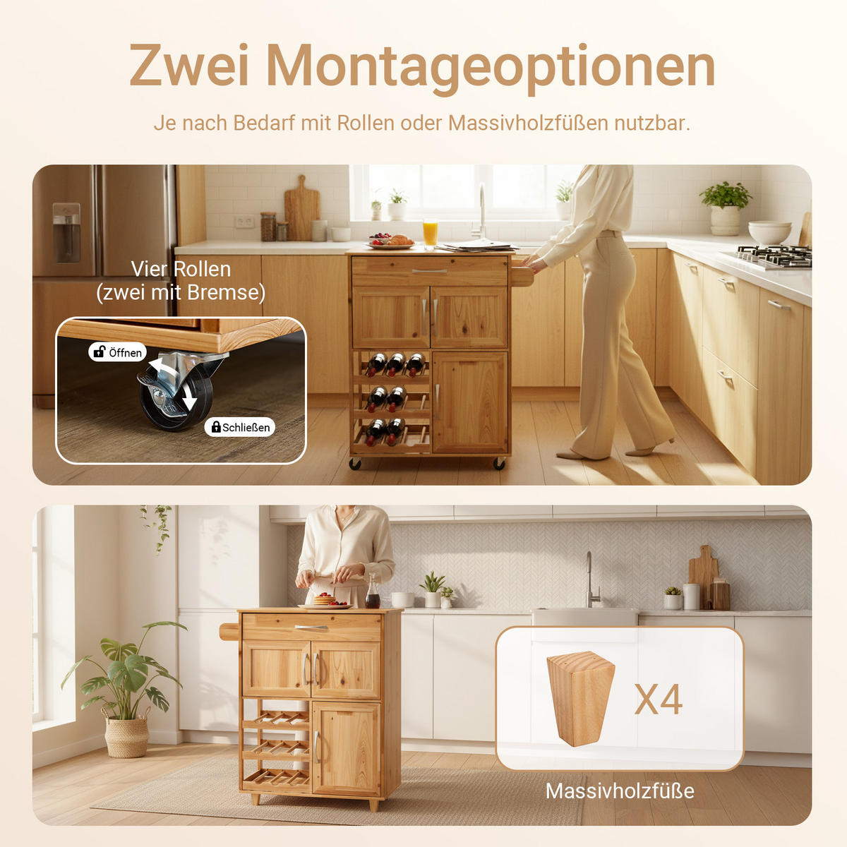 SERVIERWAGEN aus Holz, 66×86×38cm - Naturfarben, Holz (66/86/38cm) - SoBuy