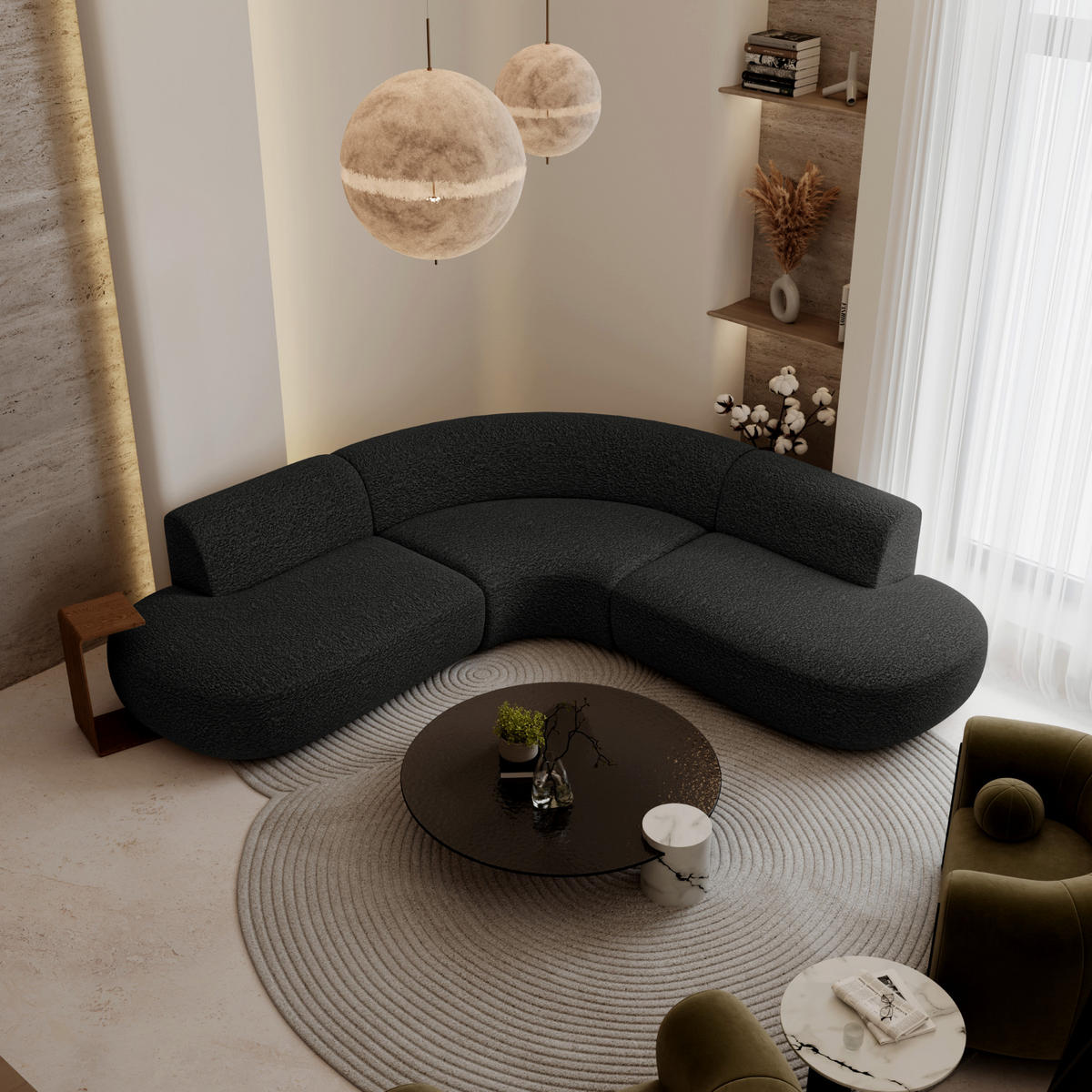 ECKSOFA WONDER Frottee Schwarz 90cm - Schwarz, Textil (90/250cm) - Premium Interiors