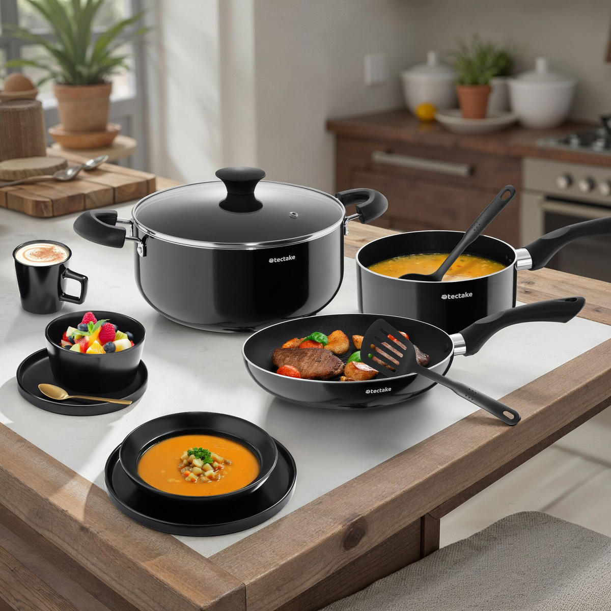 KÜCHENSTARTERSET Una/varese,inklusive 5 Küchenwerkzeugen,schwarz - Schwarz, Keramik - tectake