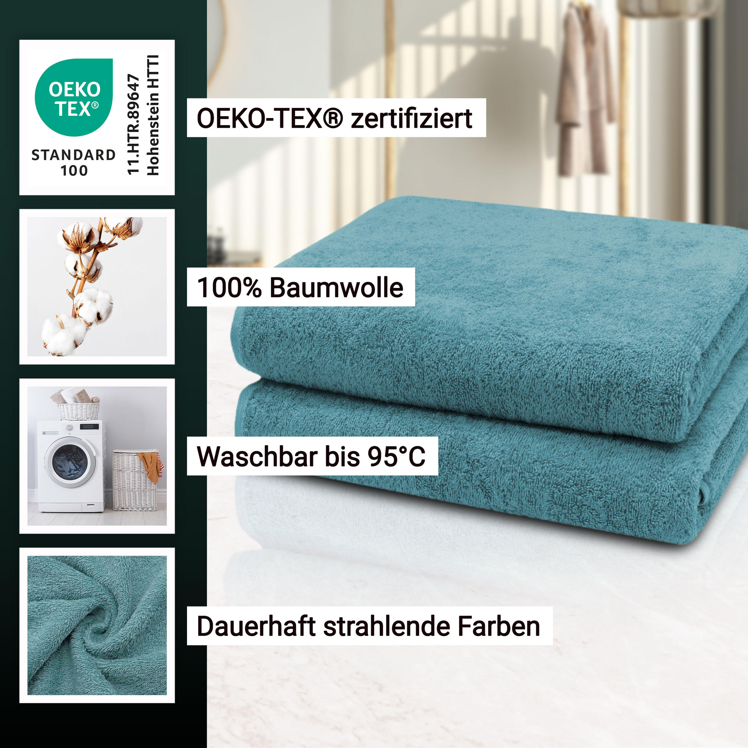 BADETUCH, 2er-Set, 100x150 cm, 100% Baumwolle, Blau - Petrol, Textil (100/150cm) - Zollner