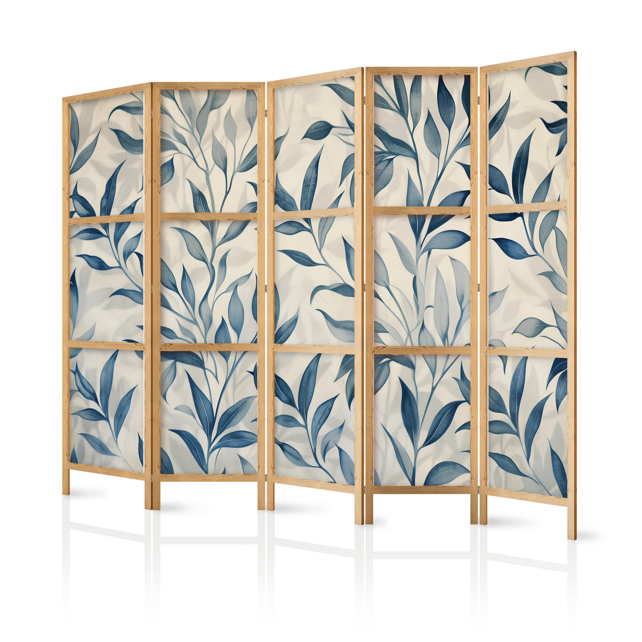 PARAVENT Japanischer 5-tlg 225x172 cm Blaue Bl tter - Grau, Holz/Textil (225/172/3cm) - Muralo