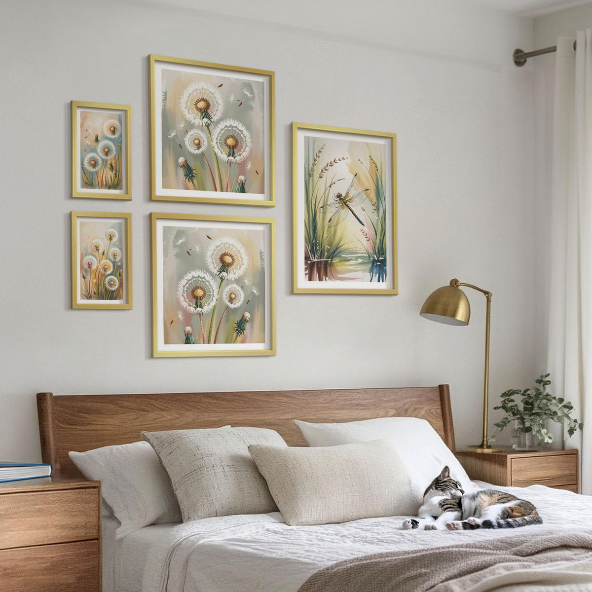 WANDBILDER 5er Set - 50x50 cm & 20x30 cm & 40x60 cm Goldrahmen - Pastellfarbene Löwenzahnblüten - Goldfarben, Kunststoff (40/60cm) - ArtPrintCave