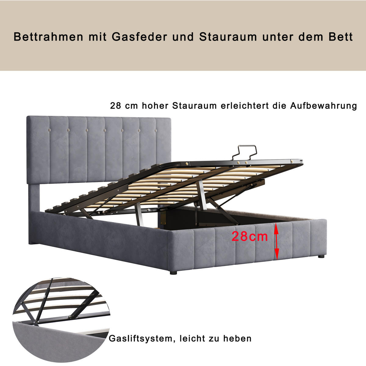 POLSTER-DOPPELBETT 140x200cm, Stauraum, Kopfteil höhenverstellbar, Samt, Grau - Grau, Textil (140/190cm)