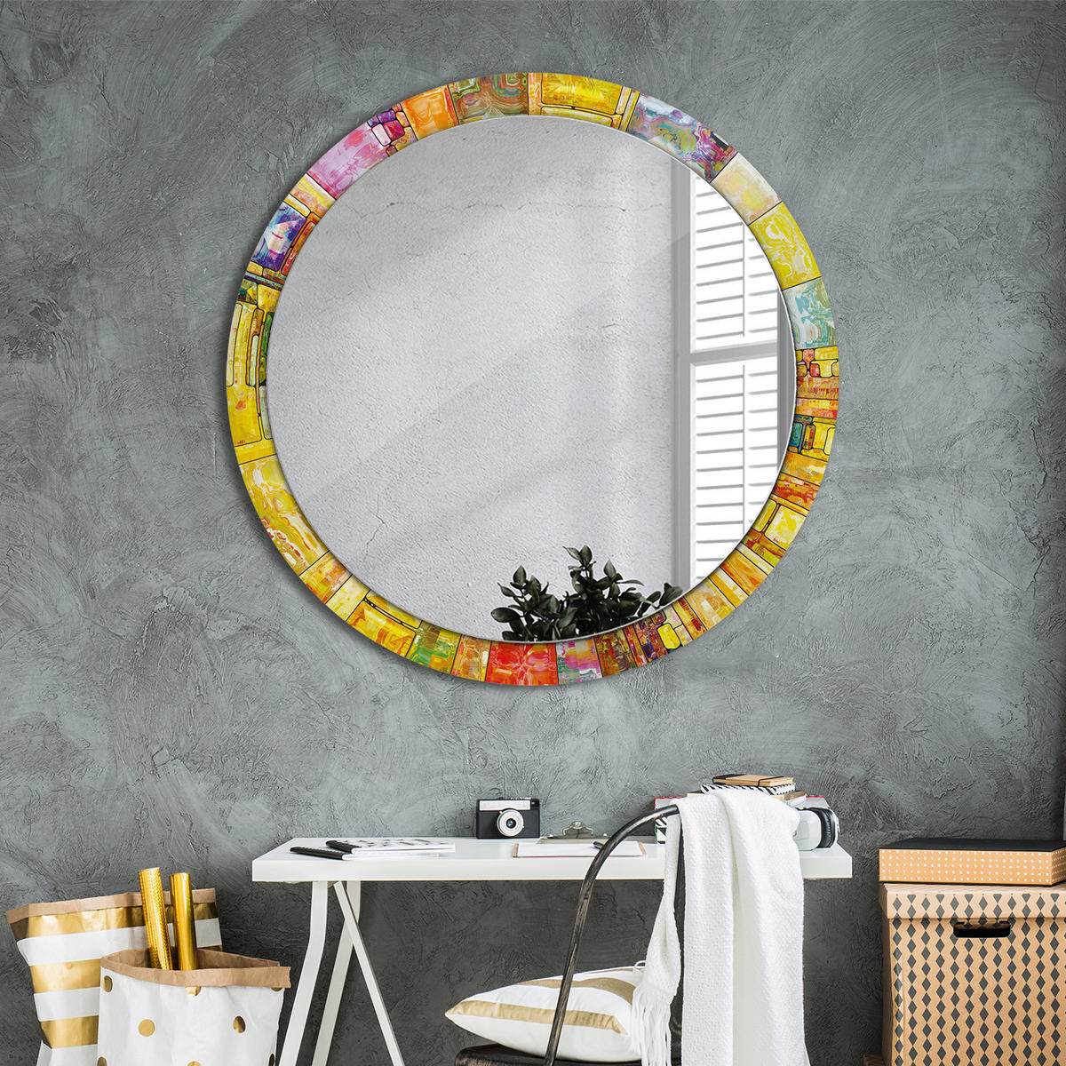 SPIEGEL Ø100 cm Rund mit Aufdruck - Gelb/Multicolor, Glas (100/100/0.4cm) - TULUP