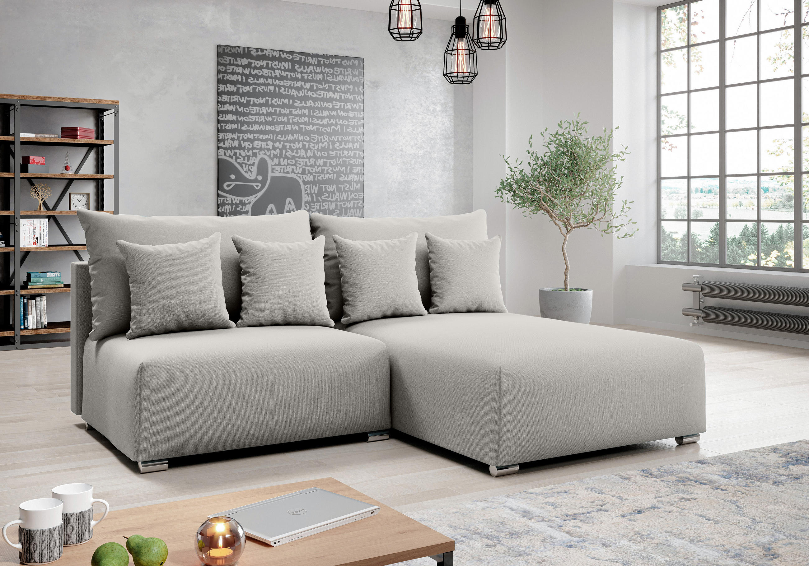 ECKSOFA L Form Ederra Hellgrau 208/190/91 cm – großes Sofa mit Schlaffunktion R - Silberfarben/Hellgrau, Textil/Metall (208/190cm) - AX Living