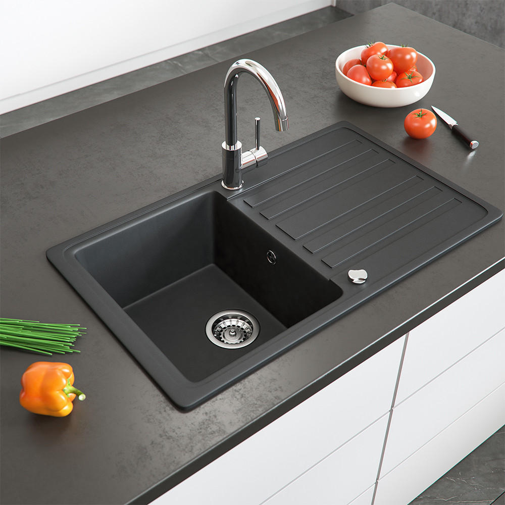 SPÜLBECKEN Schwarz 76.5 x 46 cm mit Trockenplatz - Schwarz, Keramik (76.5/19/46cm) - Bergstroem