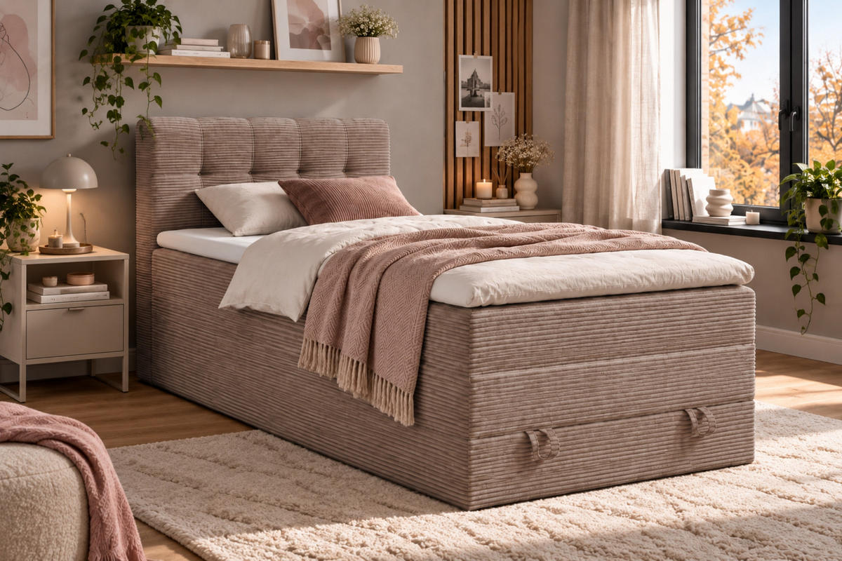 BOXSPRINGBETT JUNG 2 90/200 Cord Beige mit Matratzen H3 + H4 - Beige, Holz/Holzwerkstoff (90/200cm) - Deine Möbel 24