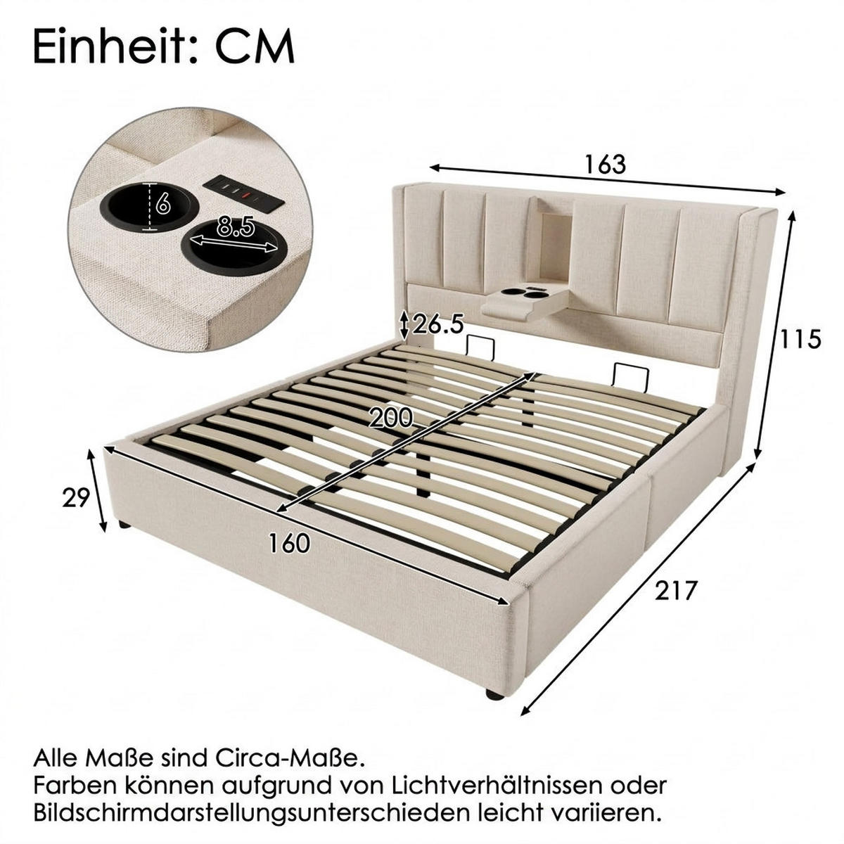 POLSTERBETT 160/200 cm Beige mit verstecktem Becherhalter und Ladestation (Ohne Matratze) - Beige, Textil (160/200cm) - Oxeza
