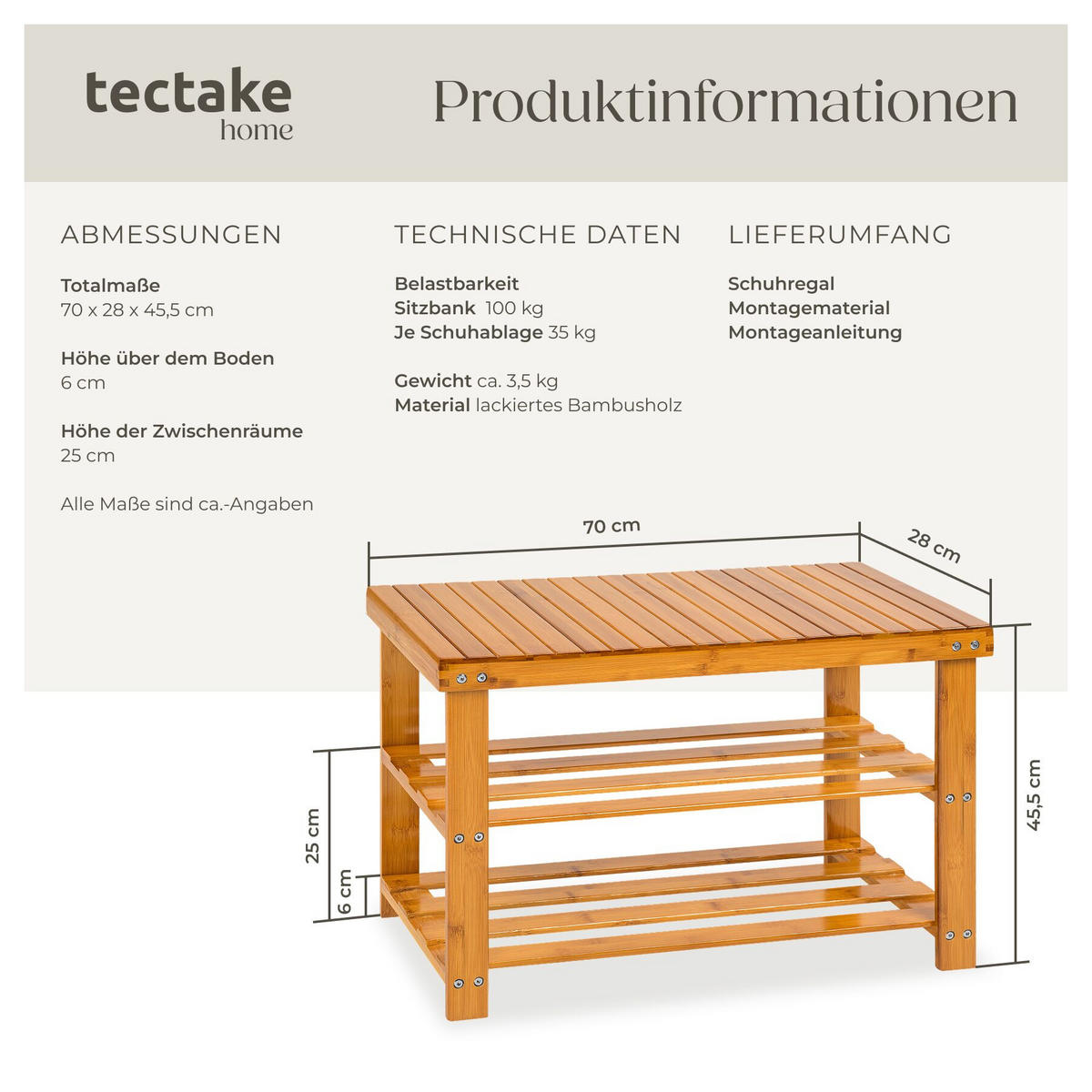 SCHUHBANK Silke, 70 x 28 x 45,5 cm, braun - Braun, Holz (28/45.5/70cm) - tectake