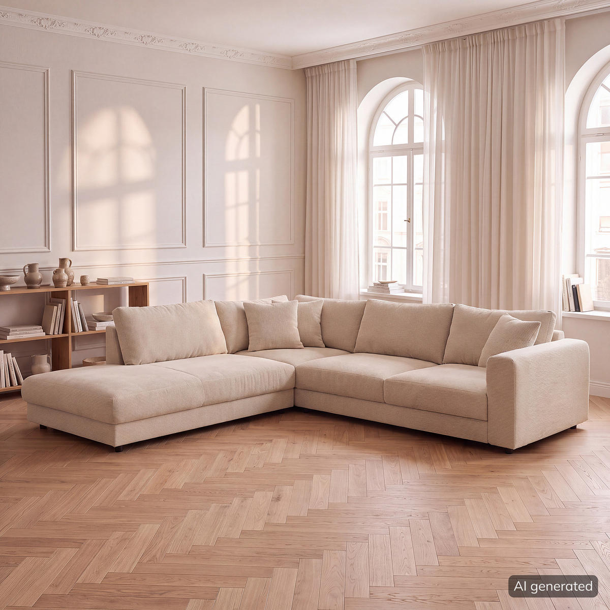 ECKSOFA mit Ottomane - Beige/Schwarz, Holz/Kunststoff (267/254cm) - home24