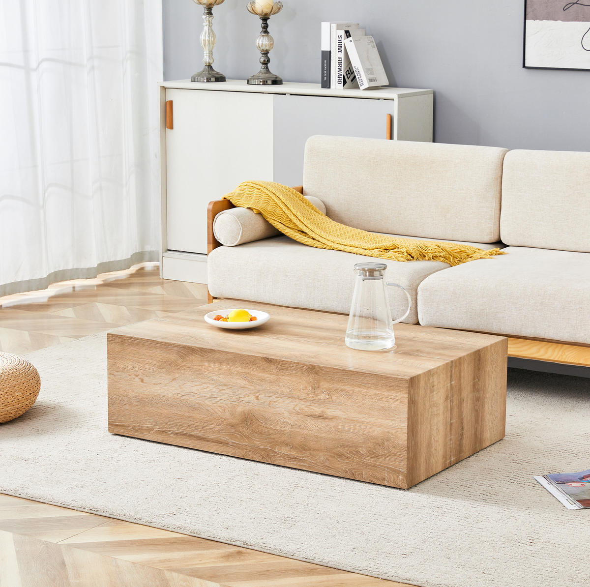 COUCHTISCH 90/50/30 cm ohne Montage mit Holzmaserung und rutschfesten Füßen, Holzfarben - Naturfarben, Holzwerkstoff (90/50/30cm) - Redom