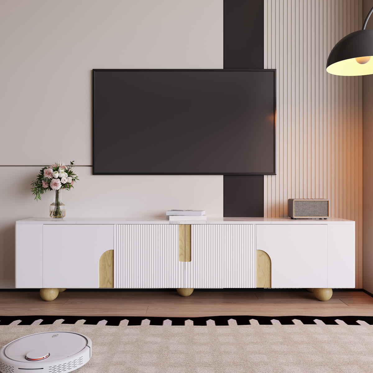 TV-ELEMENT180X40X44CM Weiß-Holzfarbe Marmoroptik-Oberfläche 4-Türen - Weiß, Holz (43.99/35.18/50.8cm) - Raelunyi