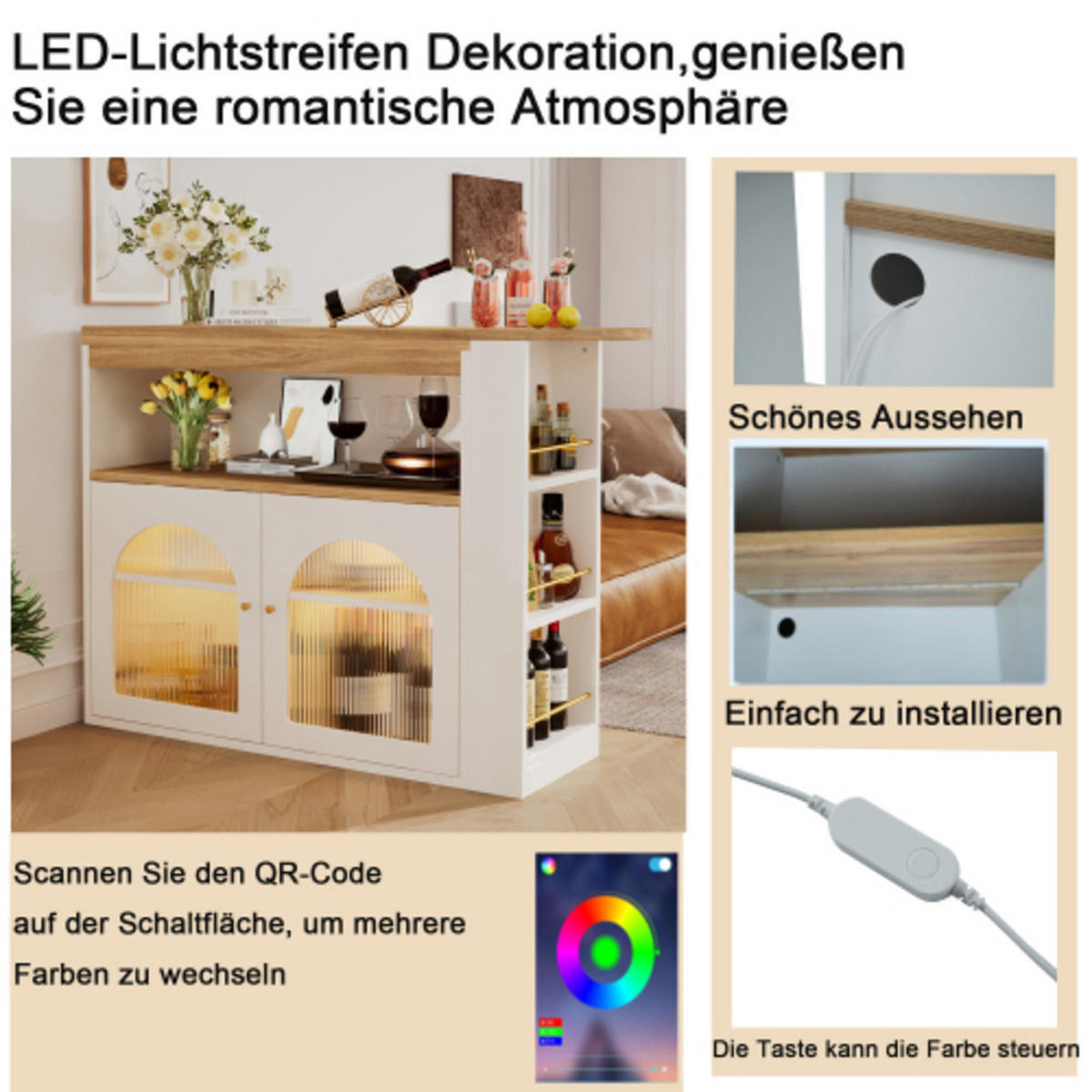 BARTISCH mit LED Beleuchtung, drehbarem Bar-Schrank mit dreistufigem Stauraum, Glasfront und ausziehbarer Stehtischfunktion, weiß - Weiß, Holzwerkstoff (193/39/105cm) - Luhomfu