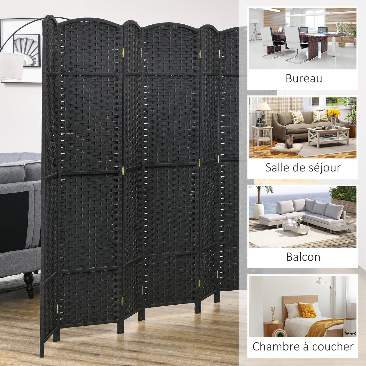 PARAVENT DE-14319 6-teilig, klappbar 240x170 cm Natur - Schwarz, Holz (240/170/1.6cm) - ComfortXL