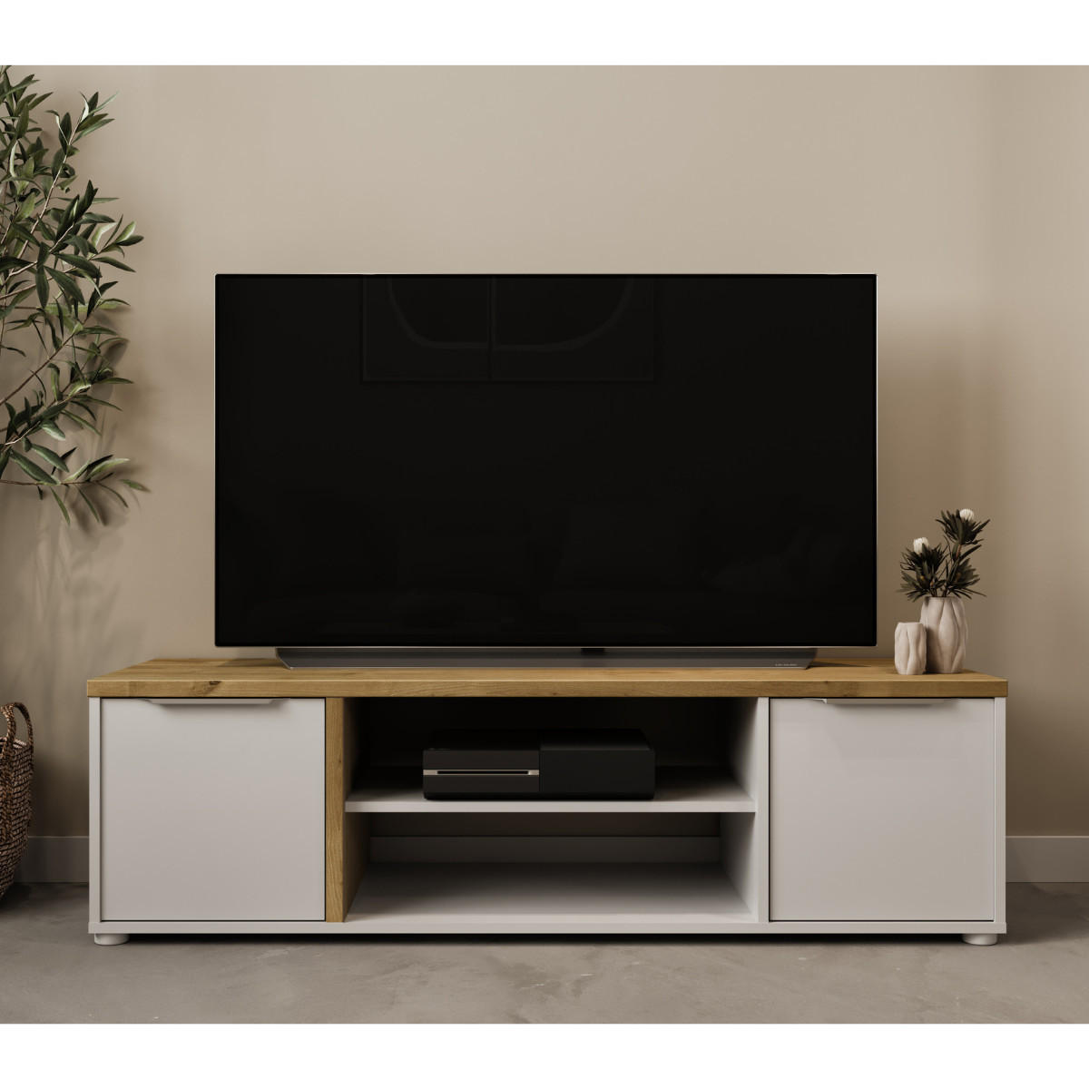 TV stolek se 2 dvířky a 2 policemi, dubová a bílá povrchová úprava, šířka 135 cm - ACCESS - jabloňová, kompozitní dřevo (39.1/39.6/134.8cm) - Calicosy