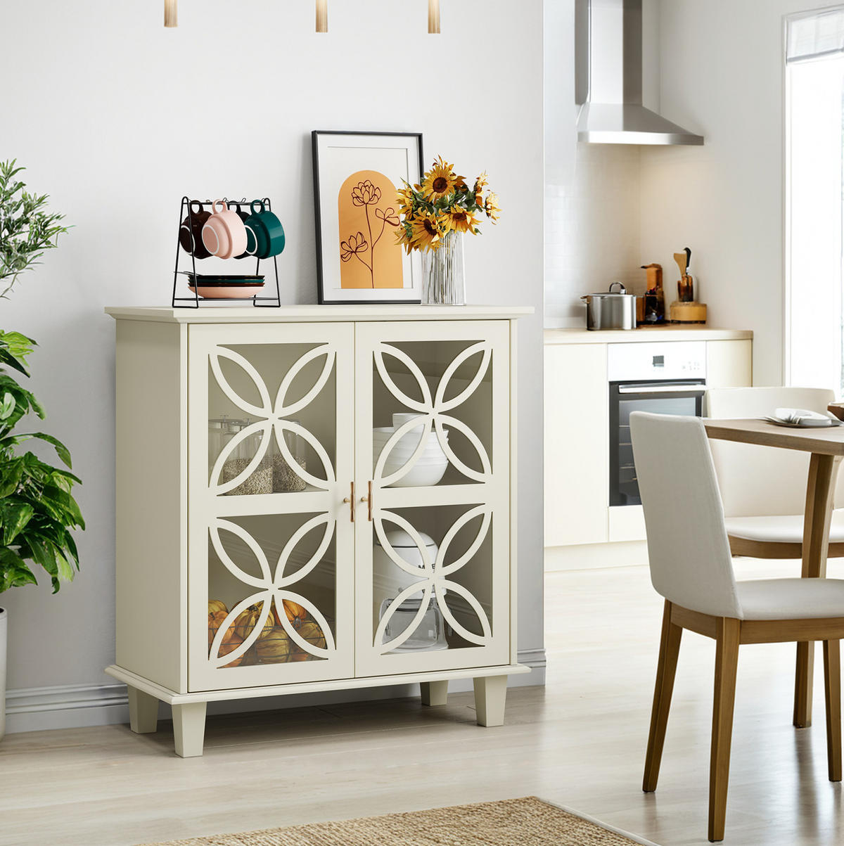 SIDEBOARD 80/38/87 cm creme aus MDF und Holzwerkstoff mit Hartglastüren - Creme, Holzwerkstoff (80/87/38cm) - OKWISH