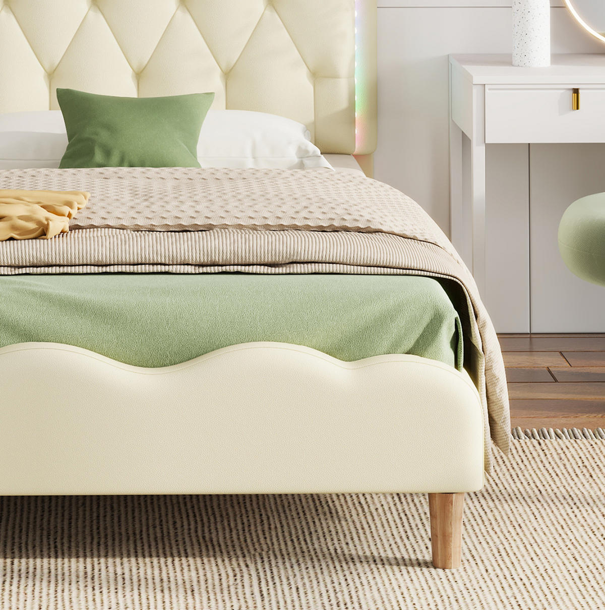 POLSTERBETT 90/200 cm Beige mit Wellenförmigem Kopfteil und LED-Beleuchtung - Beige, Kunststoff (90/200cm) - OKWISH