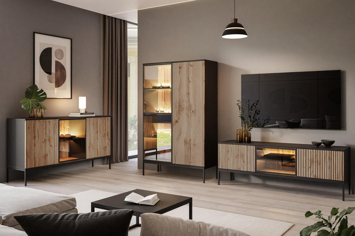 HOHE Vitrine ECLIPSE WTSZ104 mit Beleuchtung,Schwarz Eiche Wotan - Eiche Wotan, Holzwerkstoff (104/166/39cm) - Lookway