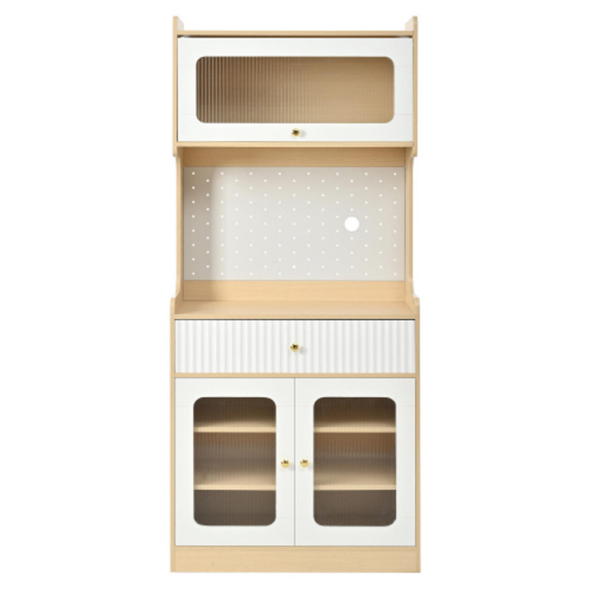 HIGHBOARD mit Riffelglas & LED-Beleuchtung, weiß-natur 80×40×180 cm aus MDF und Spanplatte - Weiß, Holzwerkstoff (80/180/40cm) - Luhomfu