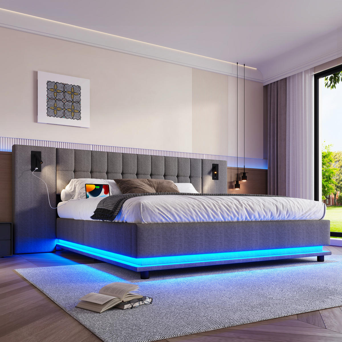 POLSTERBETT 180/200 cm Grau mit LED-Beleuchtung und USB-Anschluss aus Leinen - Grau, Textil (180/200cm) - OKWISH