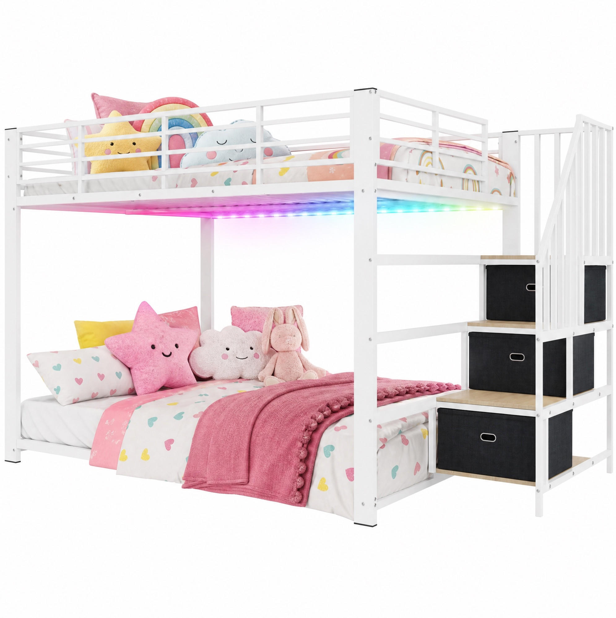 ETAGENBETT aus MDF und Metall 140x200 cm Weiß/Walnuss mit Stauraumtreppe, LED und USB-Anschlüssen - Weiß, Holzwerkstoff (140/200cm) - Modfu