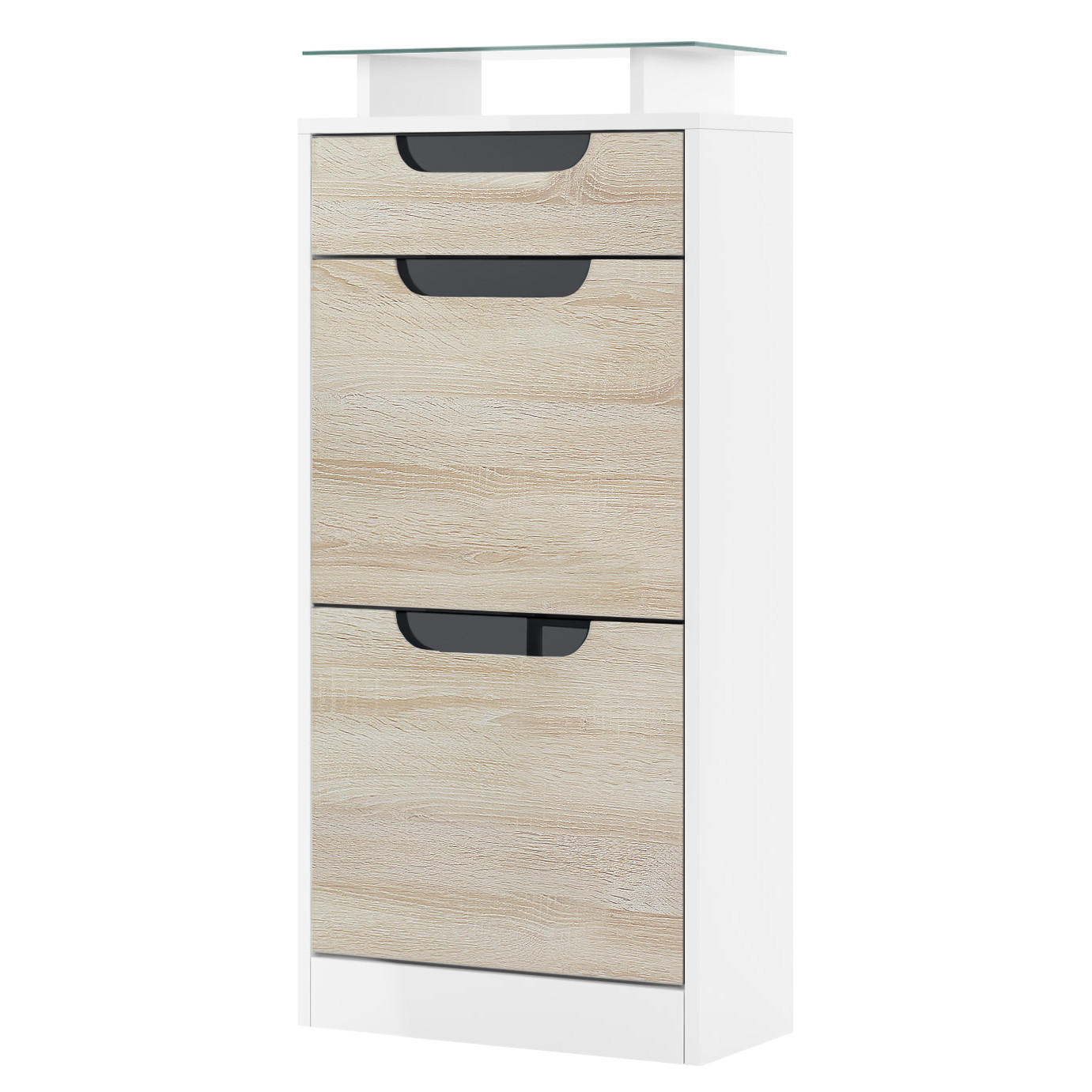SCHUHSCHRANK Fiesta Eiche sägerau / Schwarz Hochglanz - Eiche San Remo, Holzwerkstoff (46/104/23cm) - Vladon
