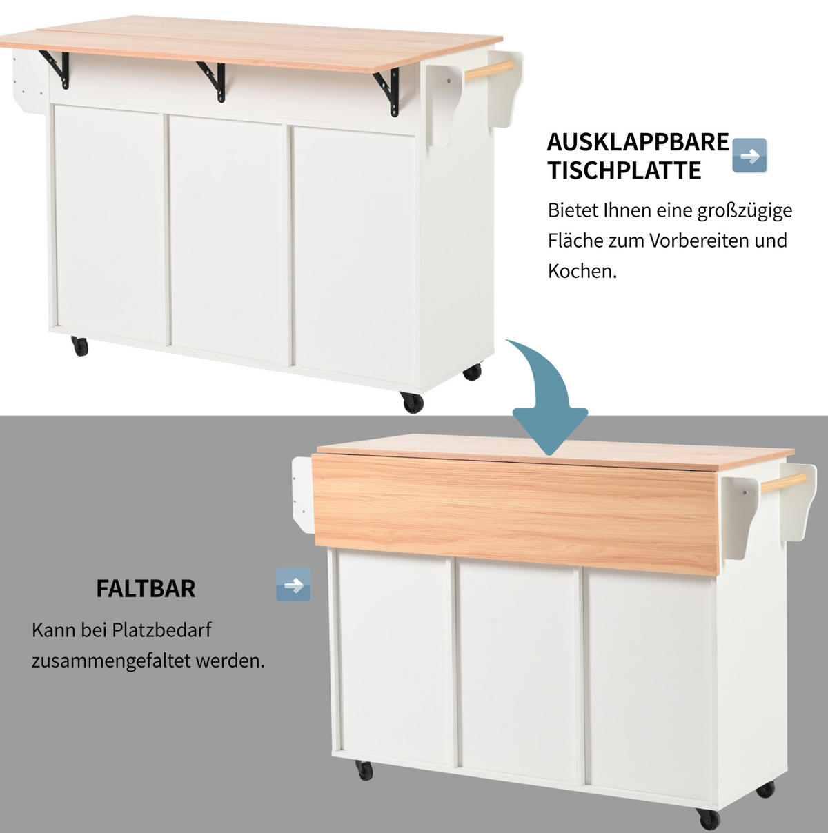 KÜCHENINSEL 139/46(71)/91,5 cm aus MDF mit klappbarer Arbeitsplatte und wechselbaren Füßen Weiß - Weiß, Holzwerkstoff (139/91.5/46cm) - Modenvie