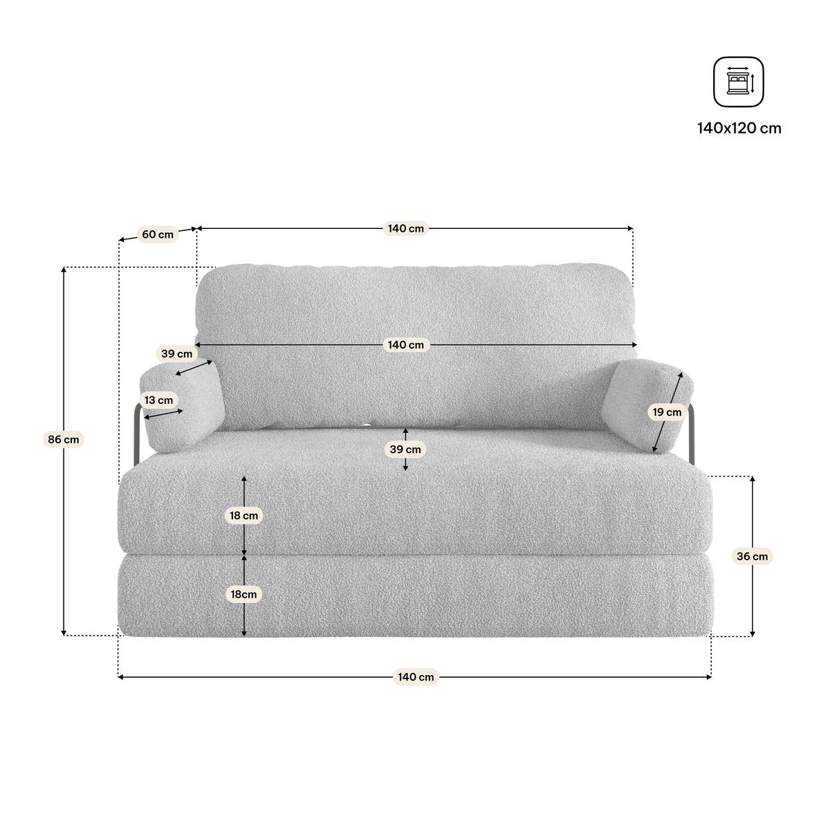 POHOVKA z pěny KESTE s kovovým rámem Buklé látka Černá - černá, textil (140/86/60cm) - MASSENO