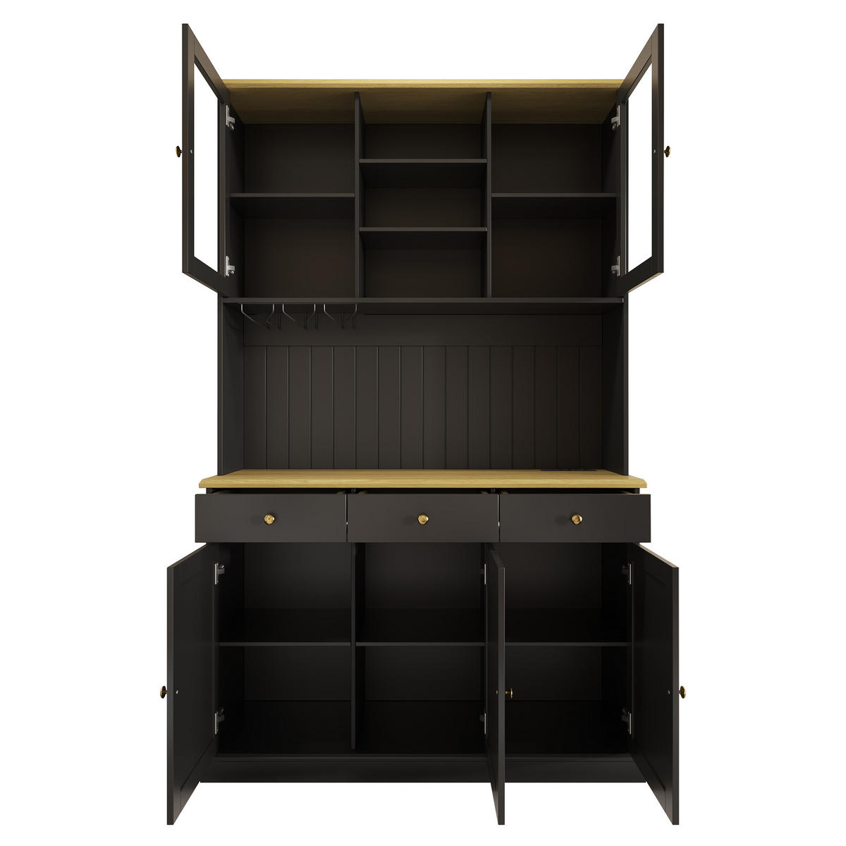 BUFFETSCHRANK DE-38594 120/40/191 cm Glastüren und integrierte Steckdose Schwarz - Schwarz, Holzwerkstoff (120/191/40cm) - ComfortXL