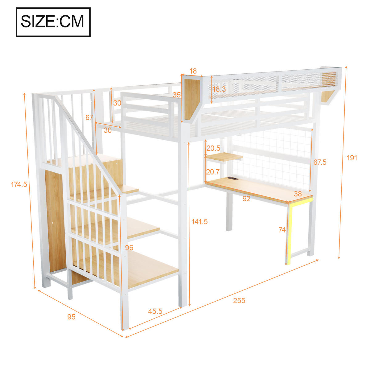 HOCHBETT 90/200 cm DE-01538, in Weiß, mit Schreibtisch, LED-Beleuchtung und Steckdose - Weiß, Metall (90/200cm) - ComfortXL