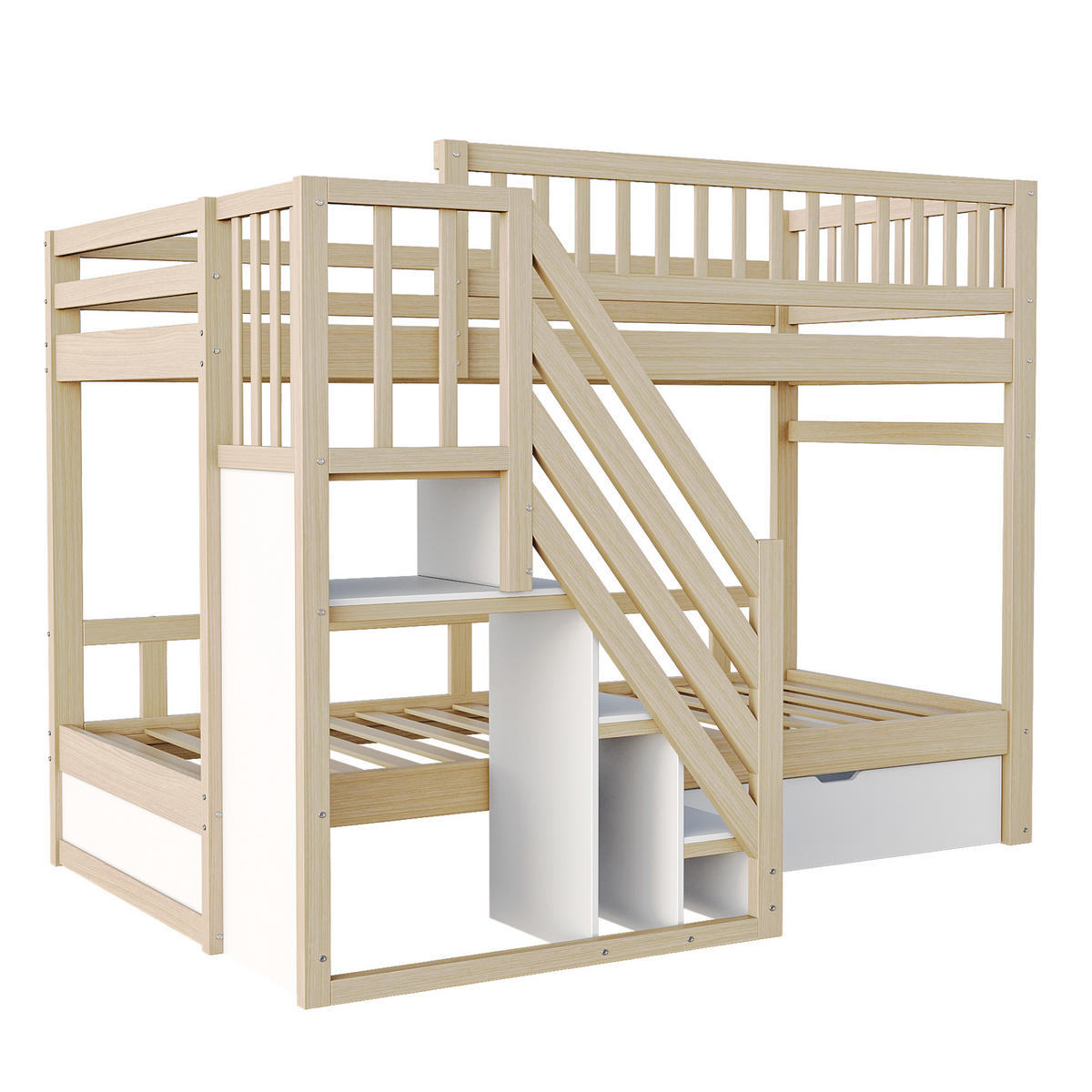 KINDERBETT aus Massivholz 90x200 cm mit Stauraumtreppe & Schublade - Naturfarben, Holz (90/200cm) - Modfu