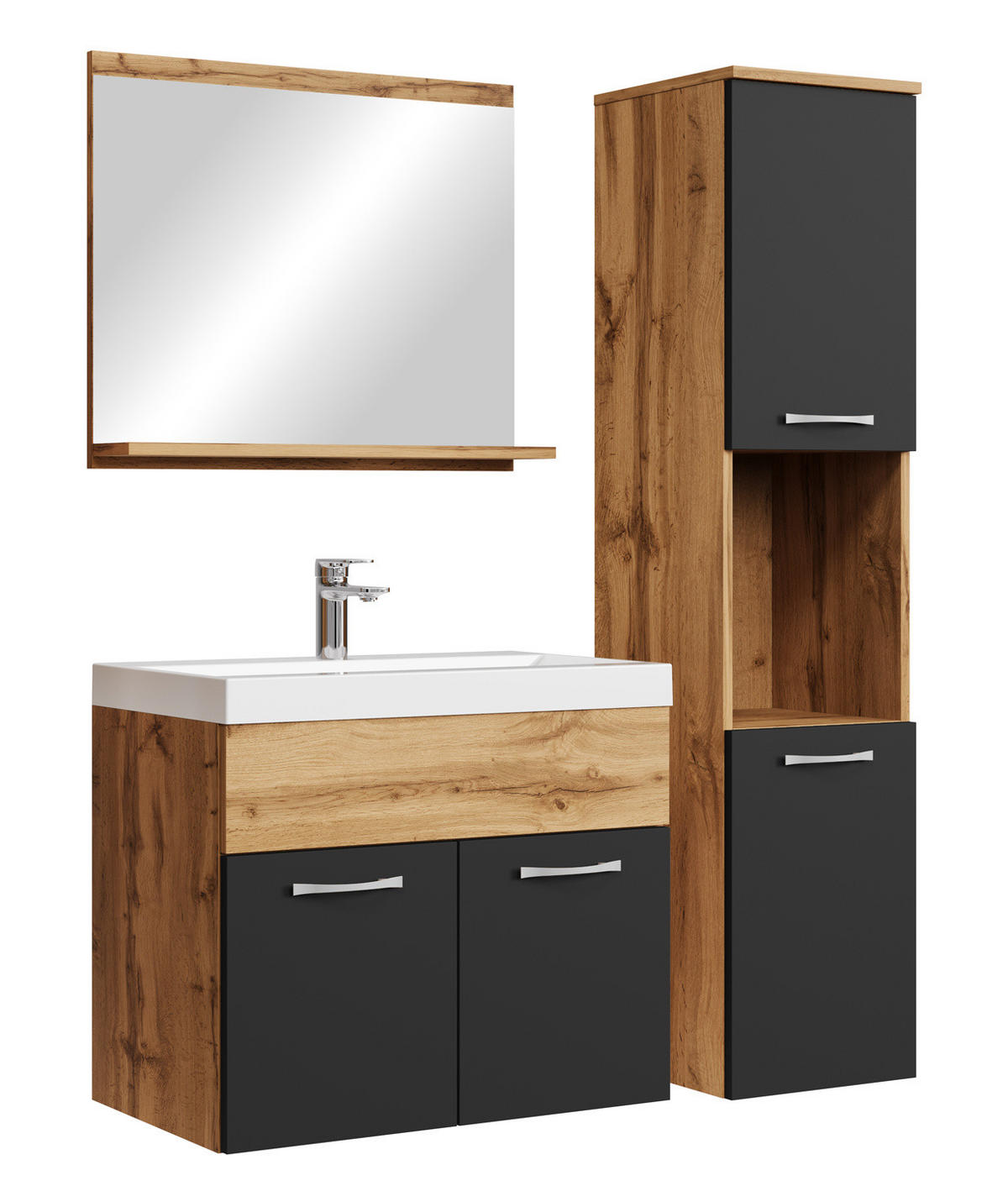 BADMÖBEL-SET Montreal 4 Teile Eiche / Schwarz - 60 x 35 x 51 cm - Chromfarben/Eiche Wotan, Holz/Metall (60/51/35cm) - Badplaats