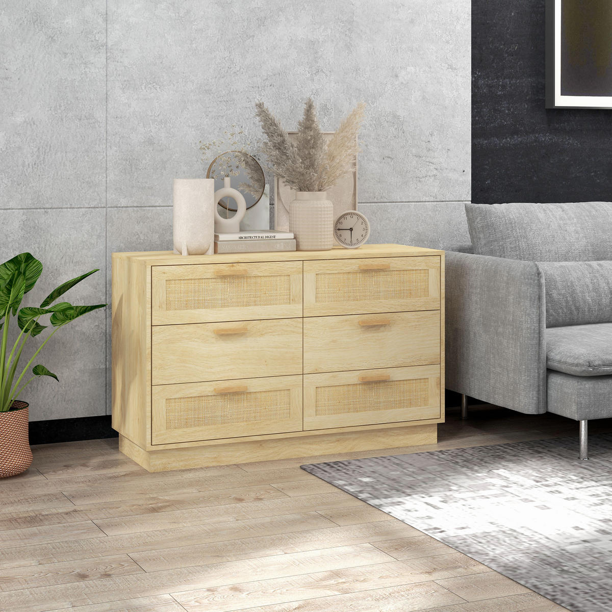 KOMOODE DE-12871 6 Schubladen mit Rattan, Boho-Design Eiche - Eichefarben, Holzwerkstoff (110/69/40cm) - ComfortXL