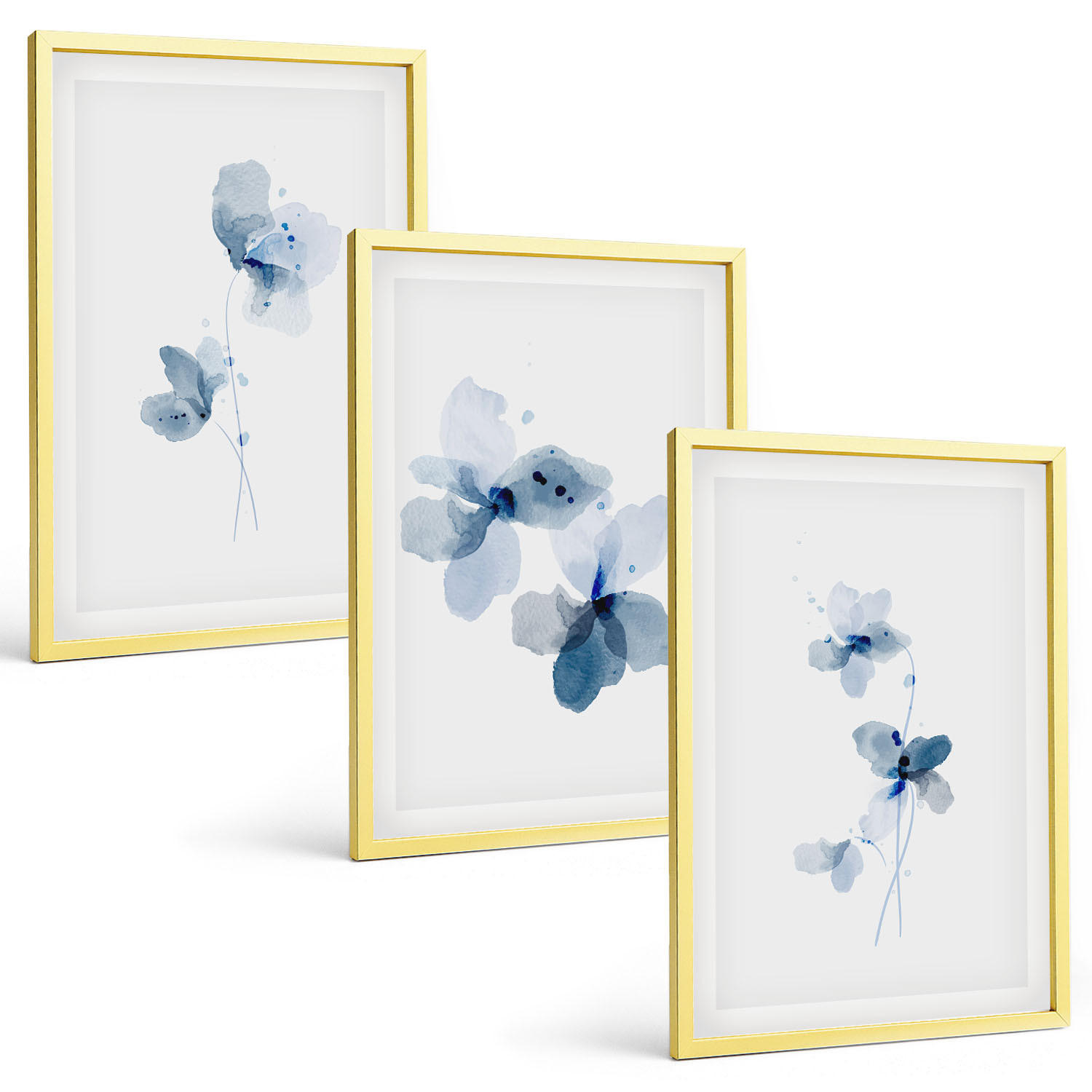 BILDER SET 3er Set - 40x60 cm Goldrahmen - Blaue Blumen - Goldfarben, Kunststoff (40/60cm) - TULUP