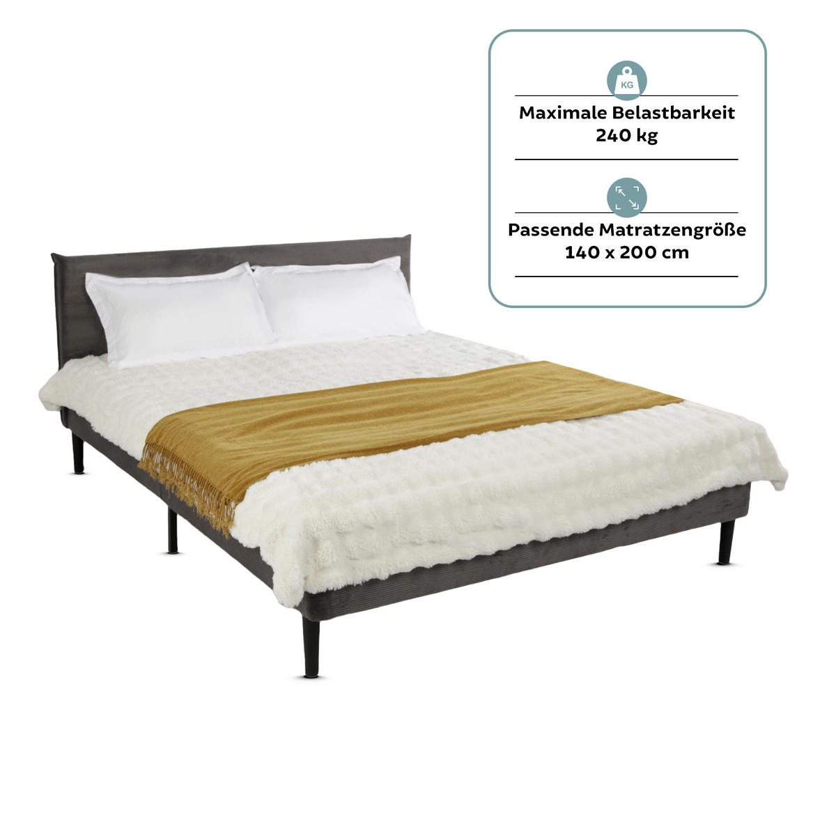 POLSTERBETT 140x200 cm Grau cord - Grau, Textil (140/200cm) - Home Collective