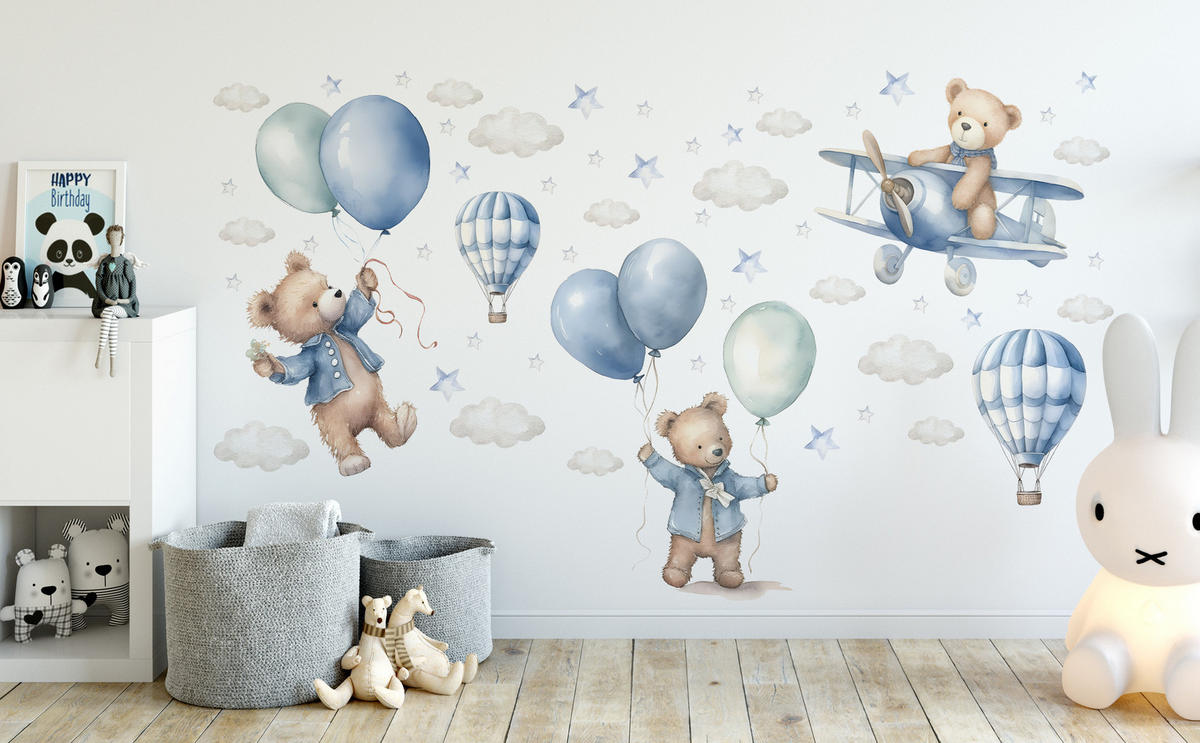 WANDSTICKER Bären Ballons 120x60 - Blau/Beige, Papier (120/60/60cm) - Muralo