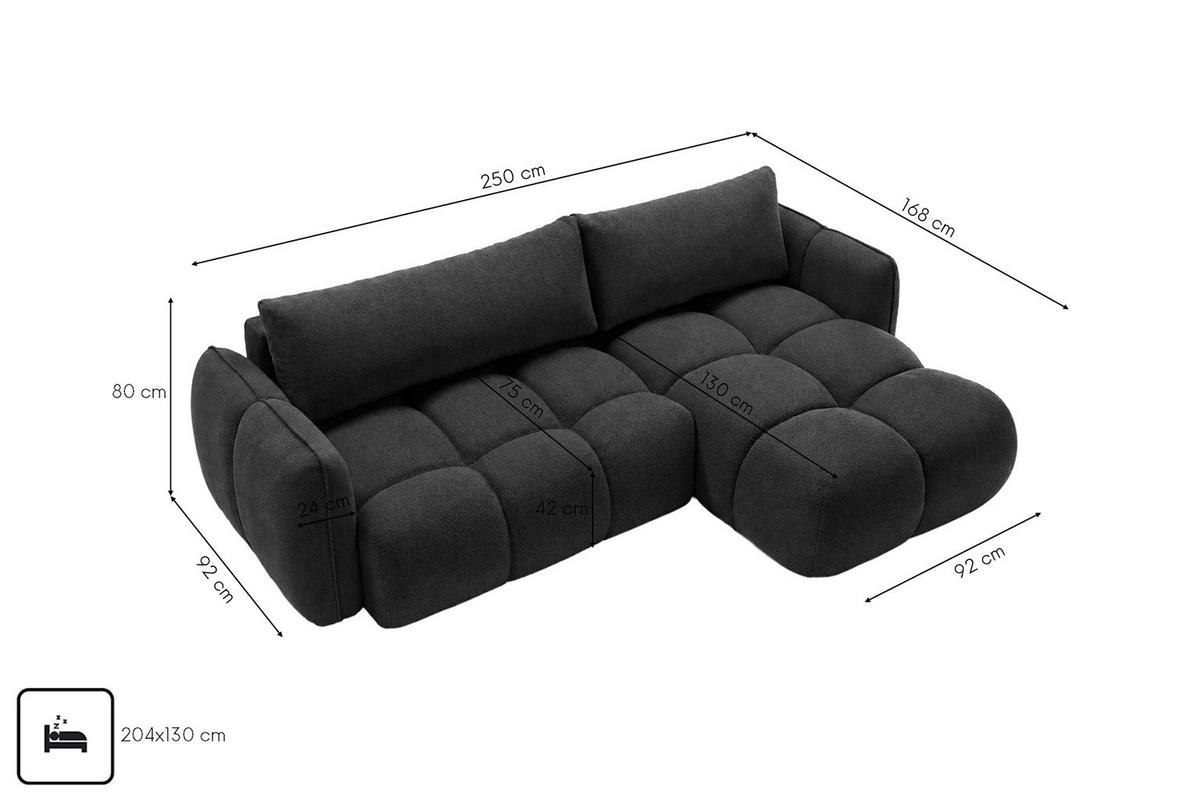 ROHOVÁ SEDAČKA ve tvaru L s funkcí spaní, velurová tkanina Bluvel, Černá, Pravá strana, BELVEDER L - černá, dřevo (250/168cm) - Kaiser Möbel