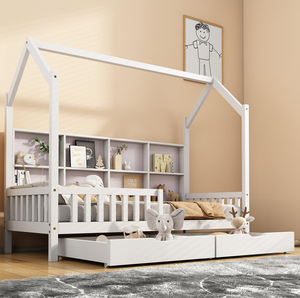KINDERBETT Hausbett 90/200 cm aus Kiefer massiv mit Bücherregal, 2 Schubladen und Rausfallschutz, Weiß - Weiß, Holz (90/200cm) - Redom