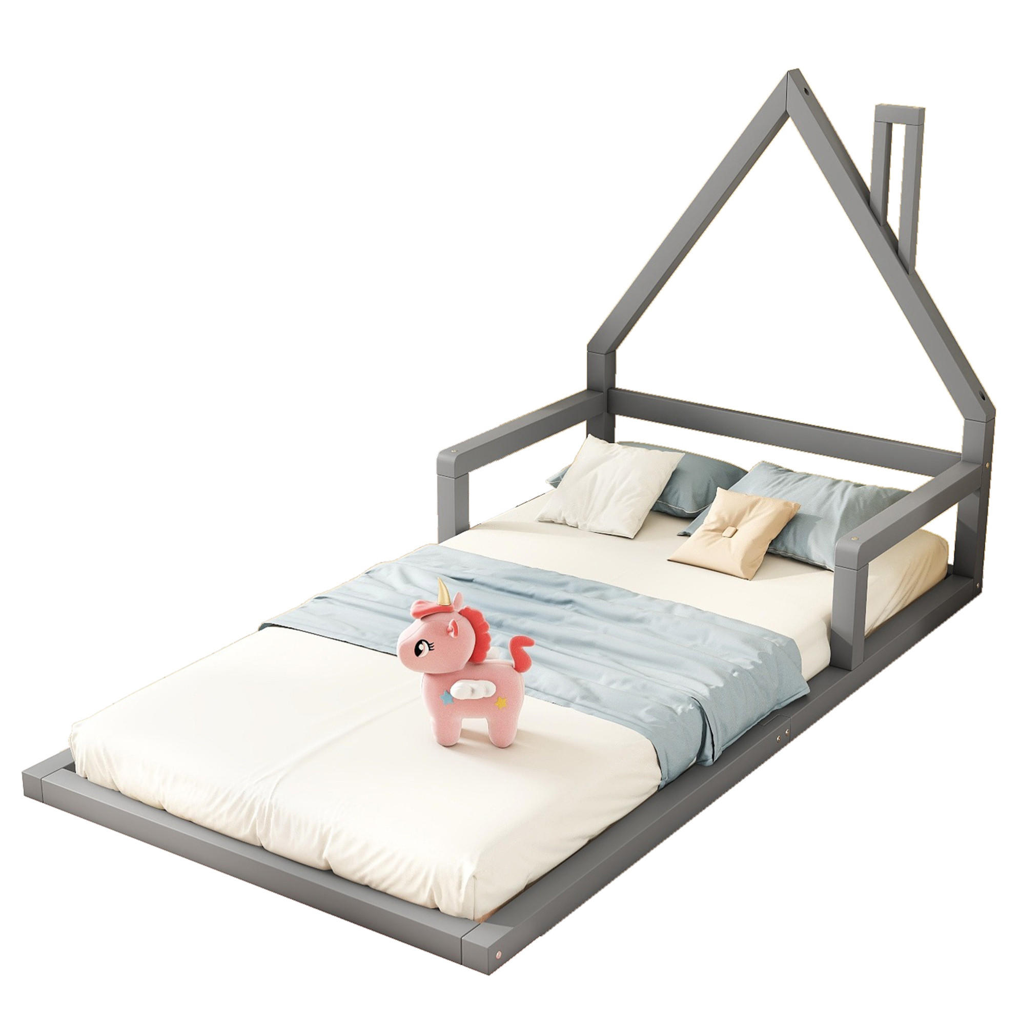 KINDERBETT aus massivem Kiefernholz und MDF 90x200 cm Grau in Hausform, pflegeleicht und stabil - Grau, Holzwerkstoff (90/200cm) - Modfu