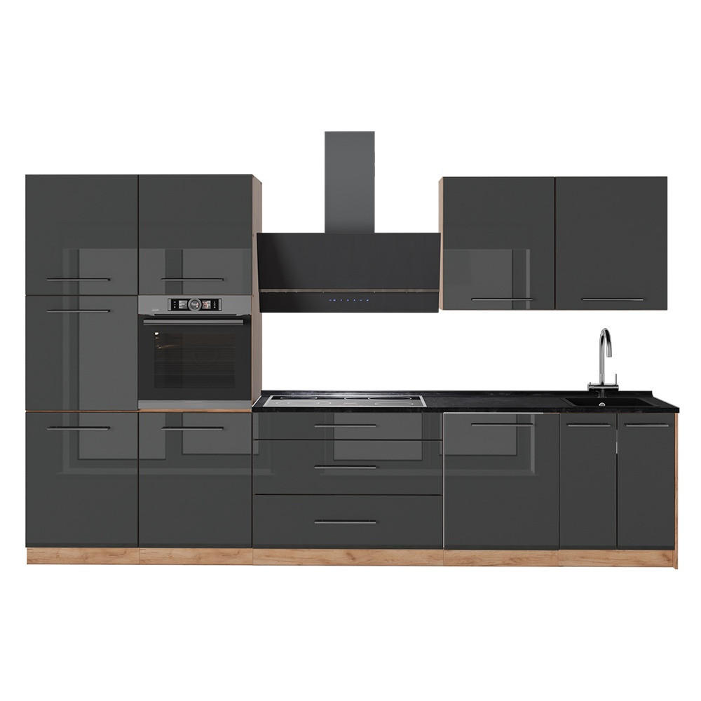 KÖK Fame-Line, Antracit högblank/Goldkraft ek, 340 cm, AP Antracit - Honungsek/Svart högglans, Träbaserade material (340/206.8/60cm) - Vicco