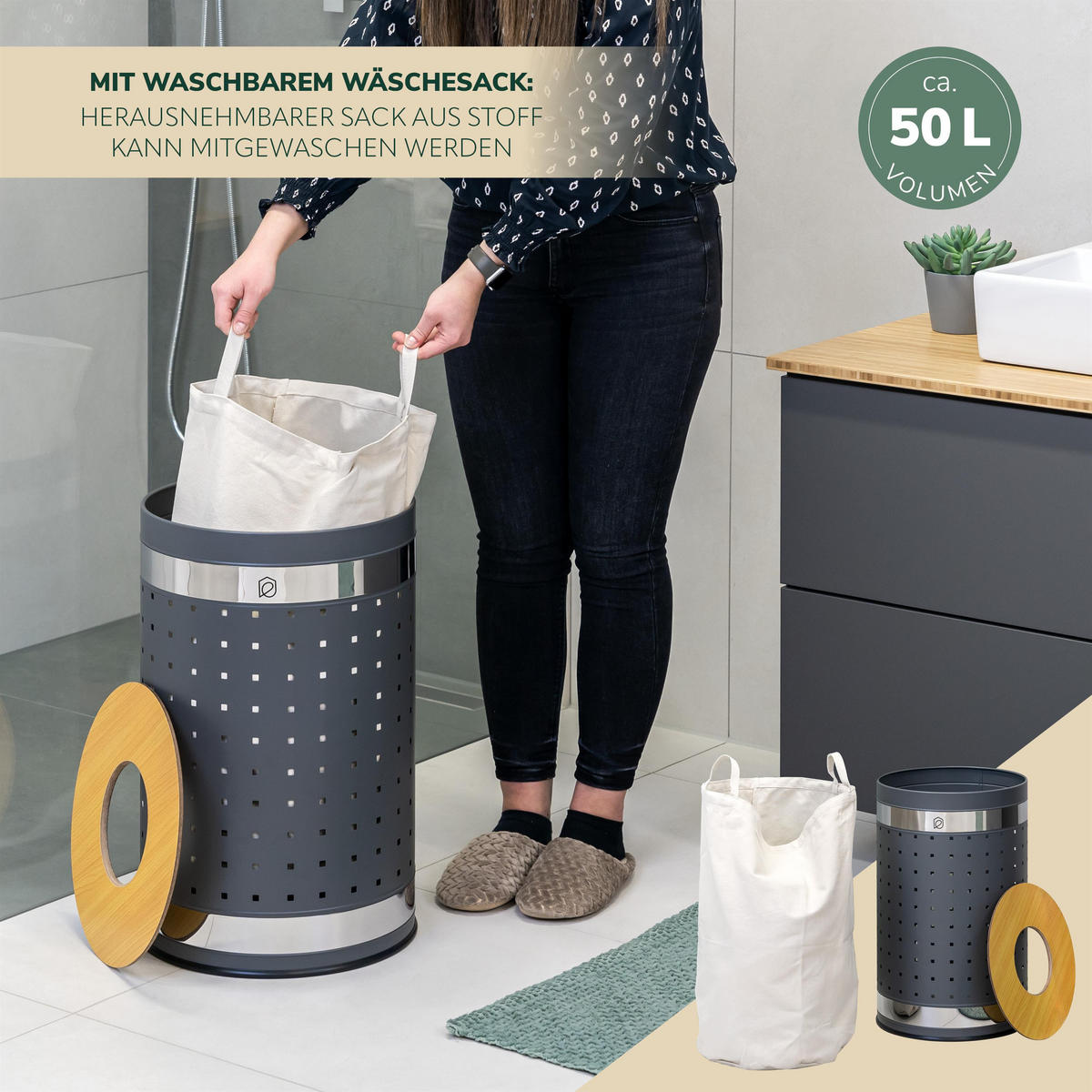 WÄSCHETONNE 50 Liter, grau - Grau, Metall (35.5/57.5/35.5cm) - eluno