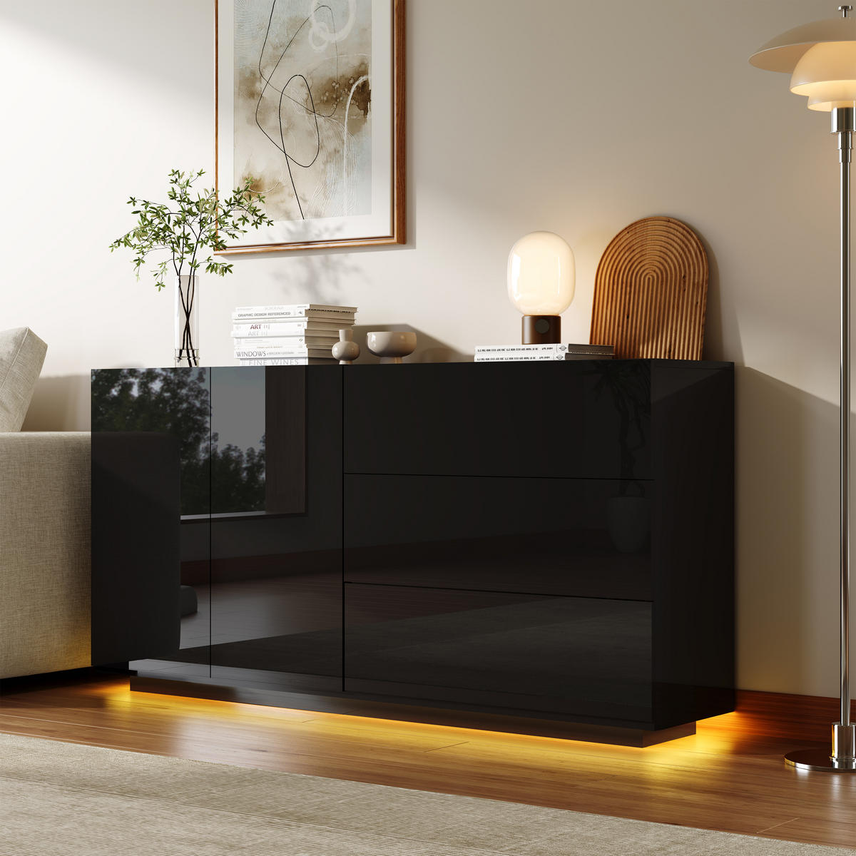 SIDEBOARD 160x35x76 cm, LED, 2 Türen, für Küche und Wohnraum, Schwarz - Schwarz, Holz (160/76/35cm)