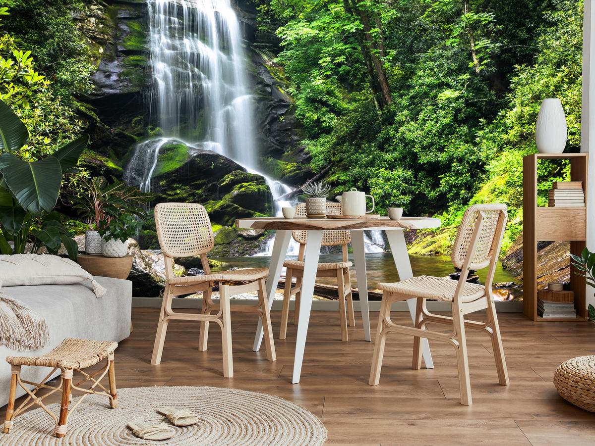 FOTOTAPETE Wasserfall im Dschungel Bäume Felsen 3D 450x315 - Braun/Weiß, Papier (450/315cm) - Muralo